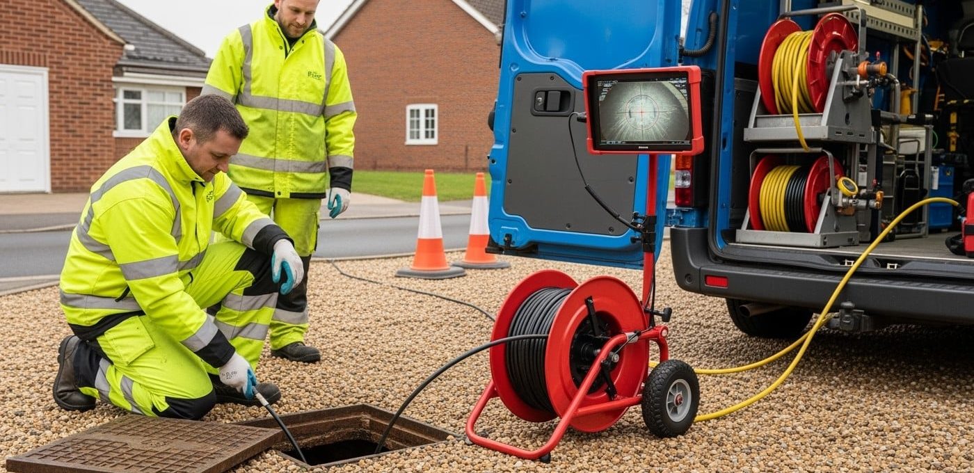 Drain inspection technician using camera